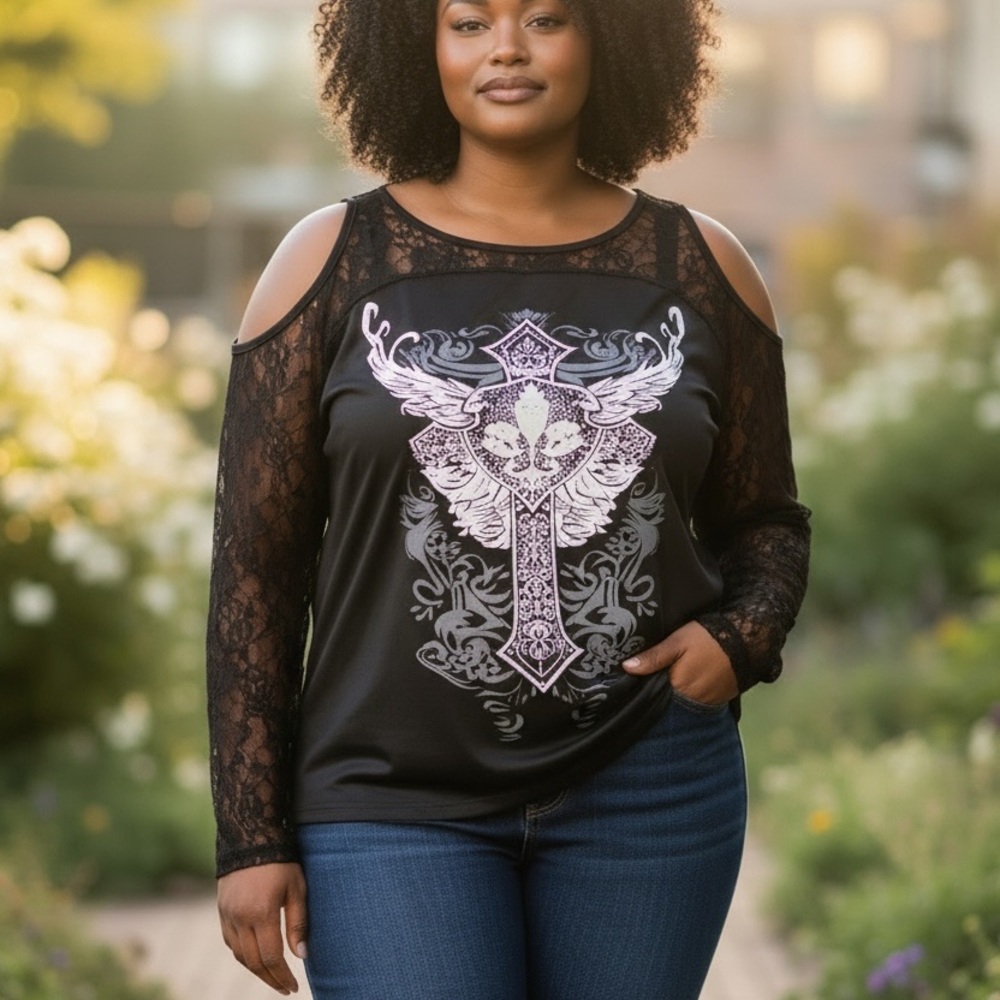 Black Cold Shoulder Lace Sleeve Winged Cross Graphic Top XL Gothic Fleur De Lis